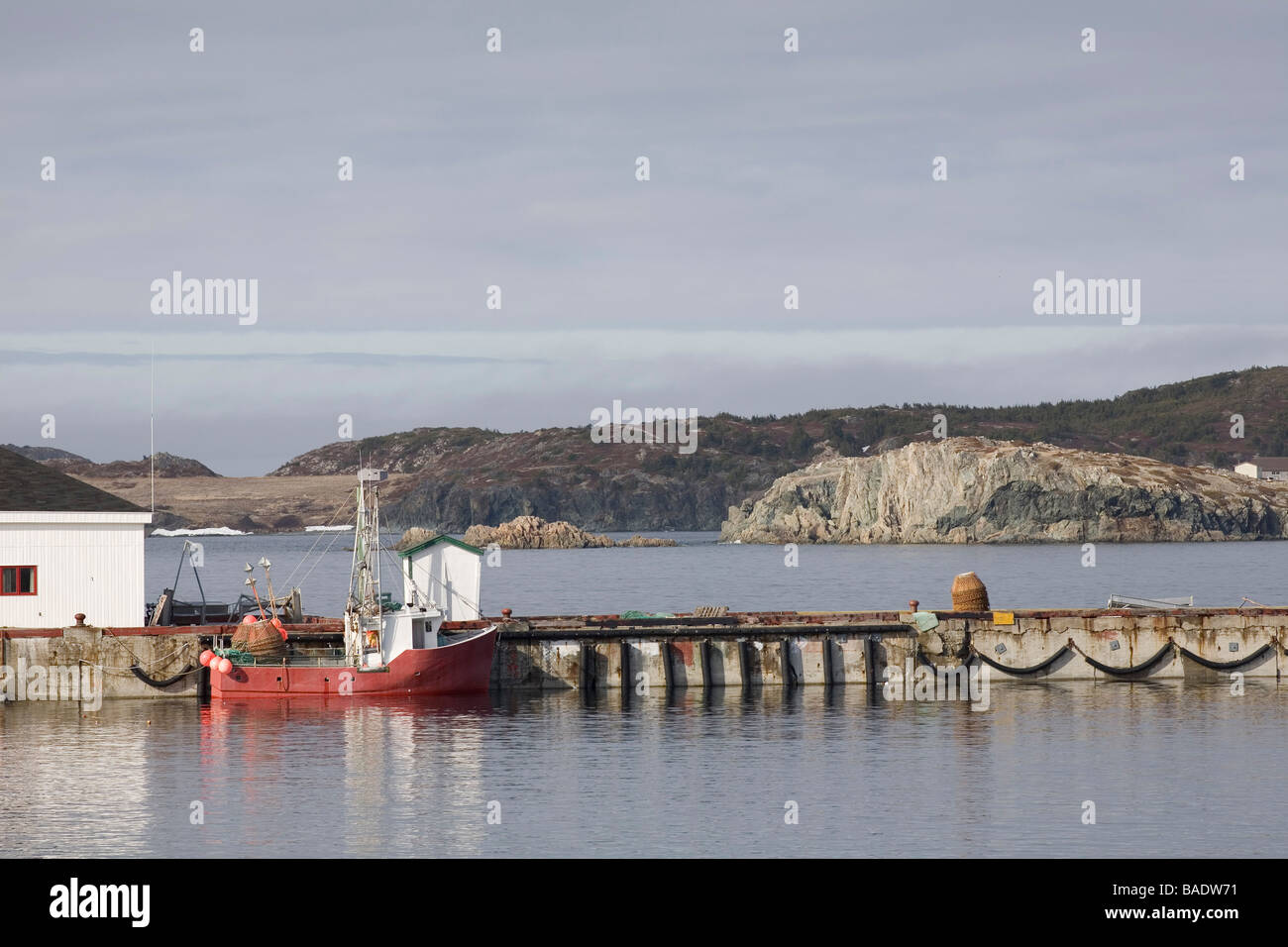 Fishing Boat at Dock, Twillingate Island, Newfoundland, Canada Stock