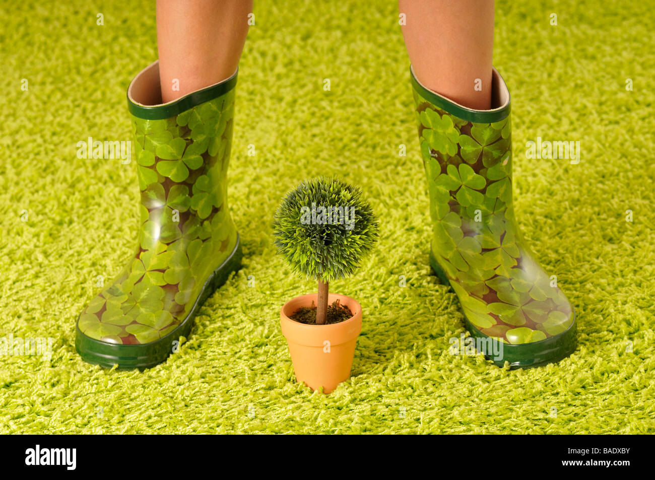 Woman in Rubber Boots with Potted Plant Stock Photo - Alamy