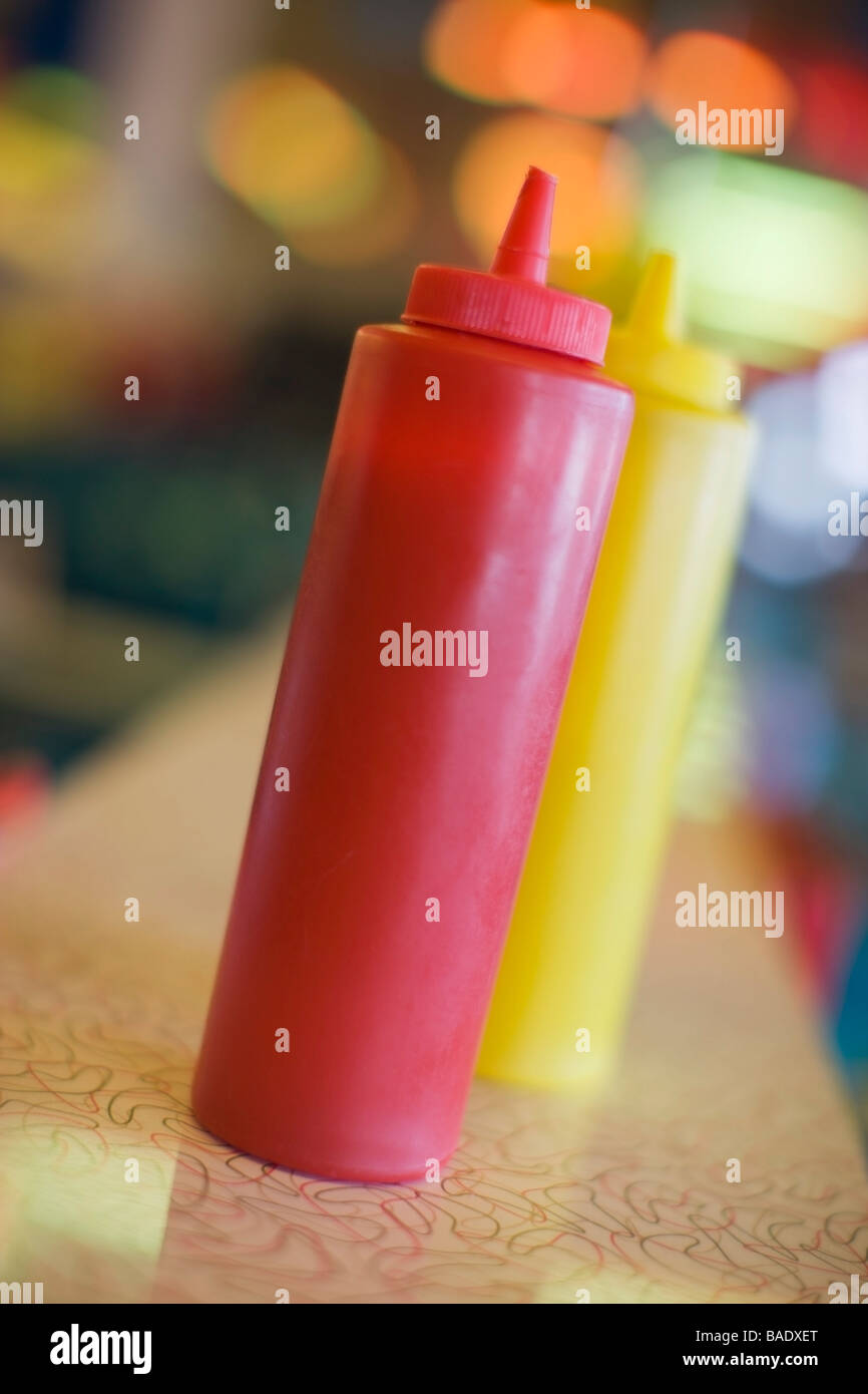 Closeup of Ketchup and Mustard Bottles in Retro Diner Stock Photo Alamy