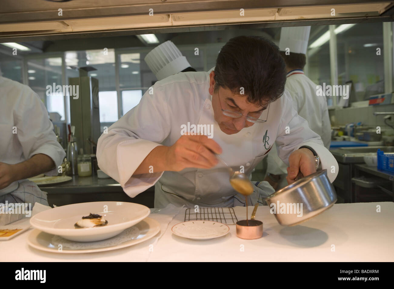 France, Haute Loire, Saint Bonnet le Froid, kitchen of Regis and Jacques Marcon's three Michelin star restaurant, Restaurant Stock Photo