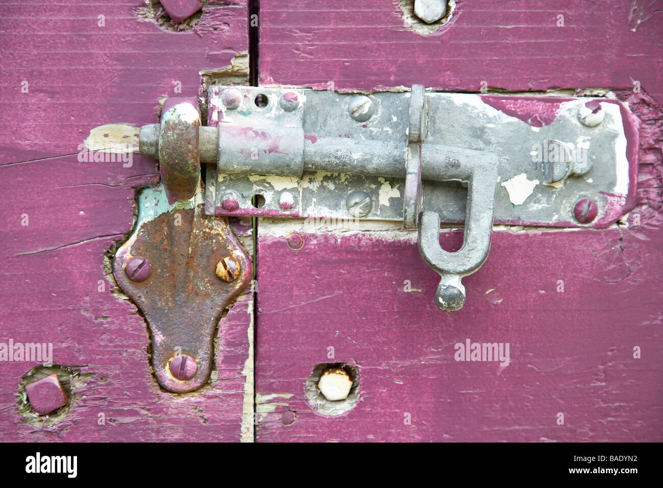 Close-Up of Sliding Bolt Lock on Purple Gate Stock Photo