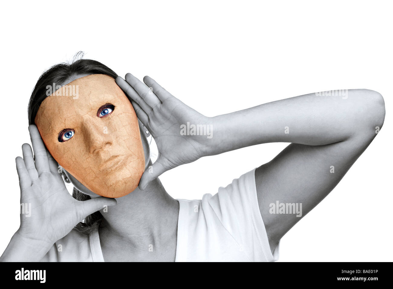 Woman wearing a face mask body in black and white with mask in colour isolated on white background Stock Photo