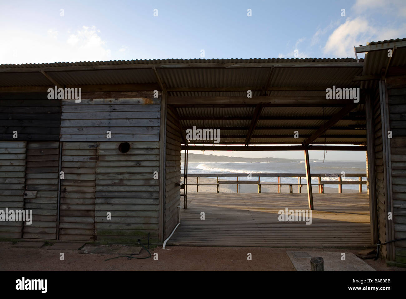 Closed Fisherman Stall on Beach, Punta del Diablo, Uruguay Stock Photo
