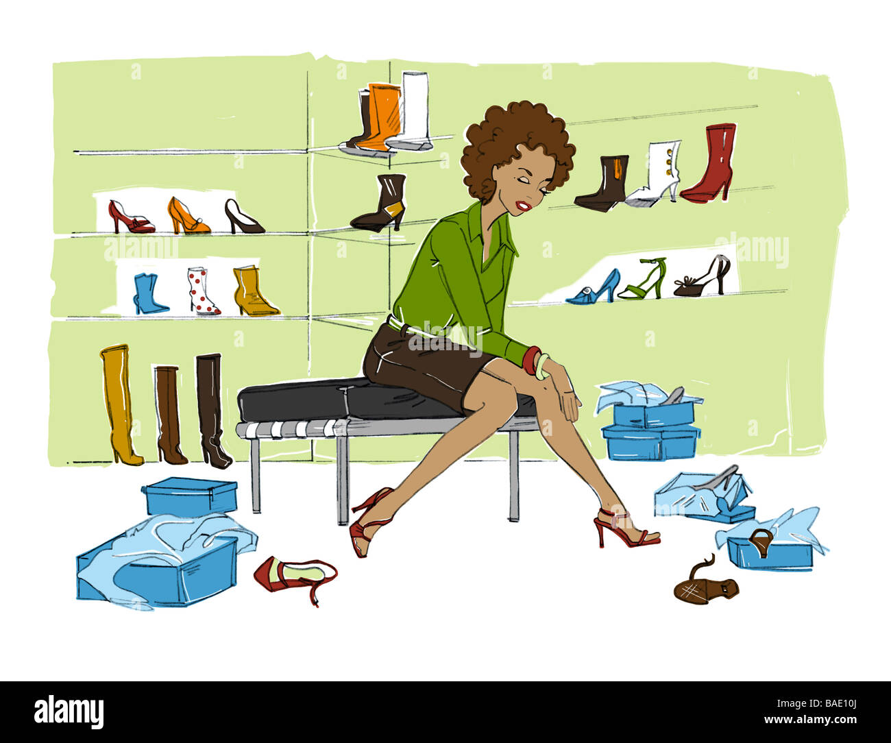 Illustration of Woman Trying on Shoes in Shoe Store Stock Photo