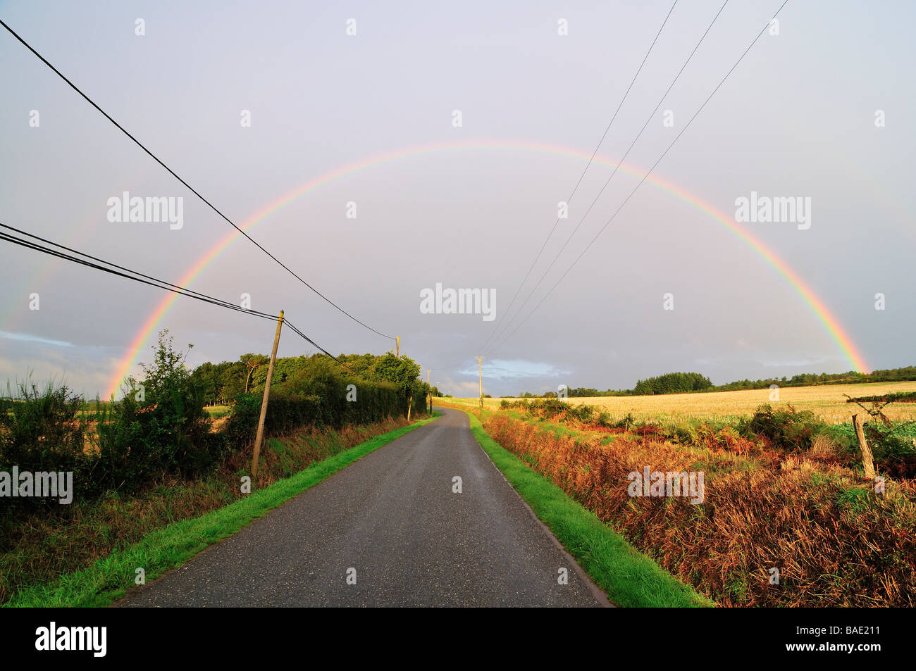 Rainbow Near Concoret, Paimpont Forest, Paimpont, Ille-et-Vilaine, Brittany, France Stock Photo