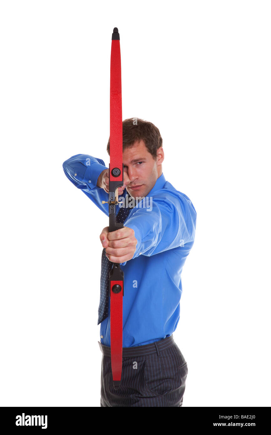 Businessman with a bow and arrow aiming at camera isolated on white background Stock Photo