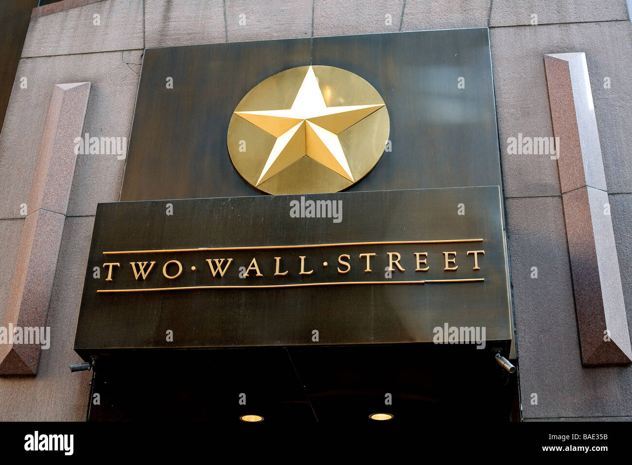 United States, New York, Wall Street, inscription and Golden Star on NYSE (New York Stock Exchange) Building Facade Stock Photo