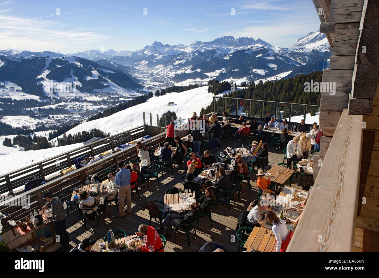 France, Haute Savoie, Megeve, summit of the Mont d'Arbois, terrace of the altitude restaurant L'Idéal Stock Photo