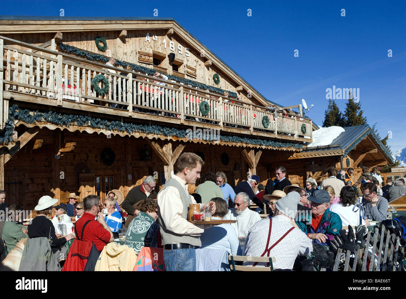 France, Haute Savoie, Megeve, Rochebrune Massif, altitude restaurant the Alpette, the terrace Stock Photo