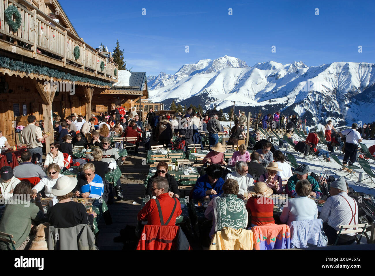 France, Haute Savoie, Megeve, Rochebrune Massif, altitude restaurant the Alpette, the terrace and the Mont Blanc in the Stock Photo