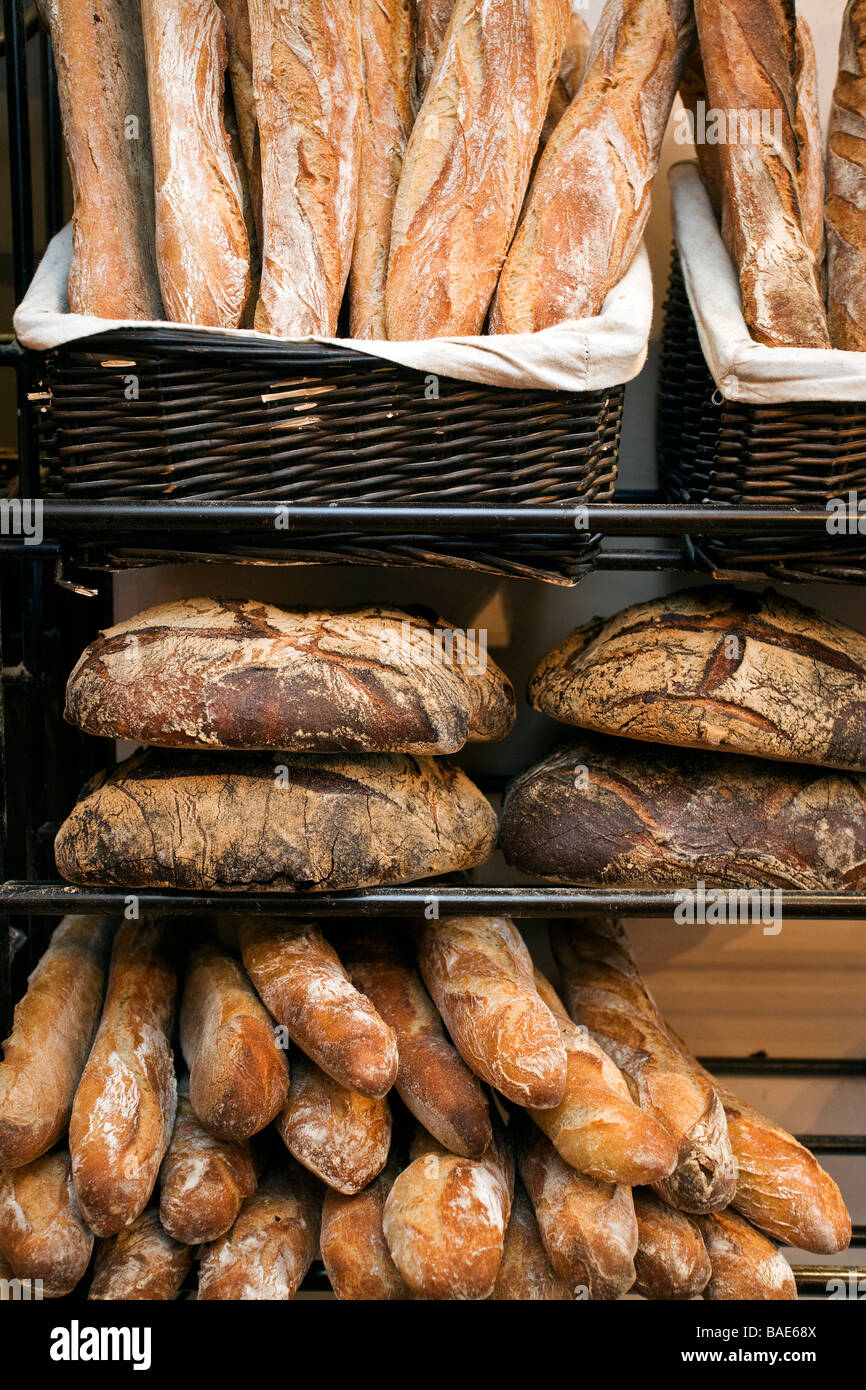 France, Haute Savoie, Annecy, Maison Rouge Bakery, bread stand, detail ...