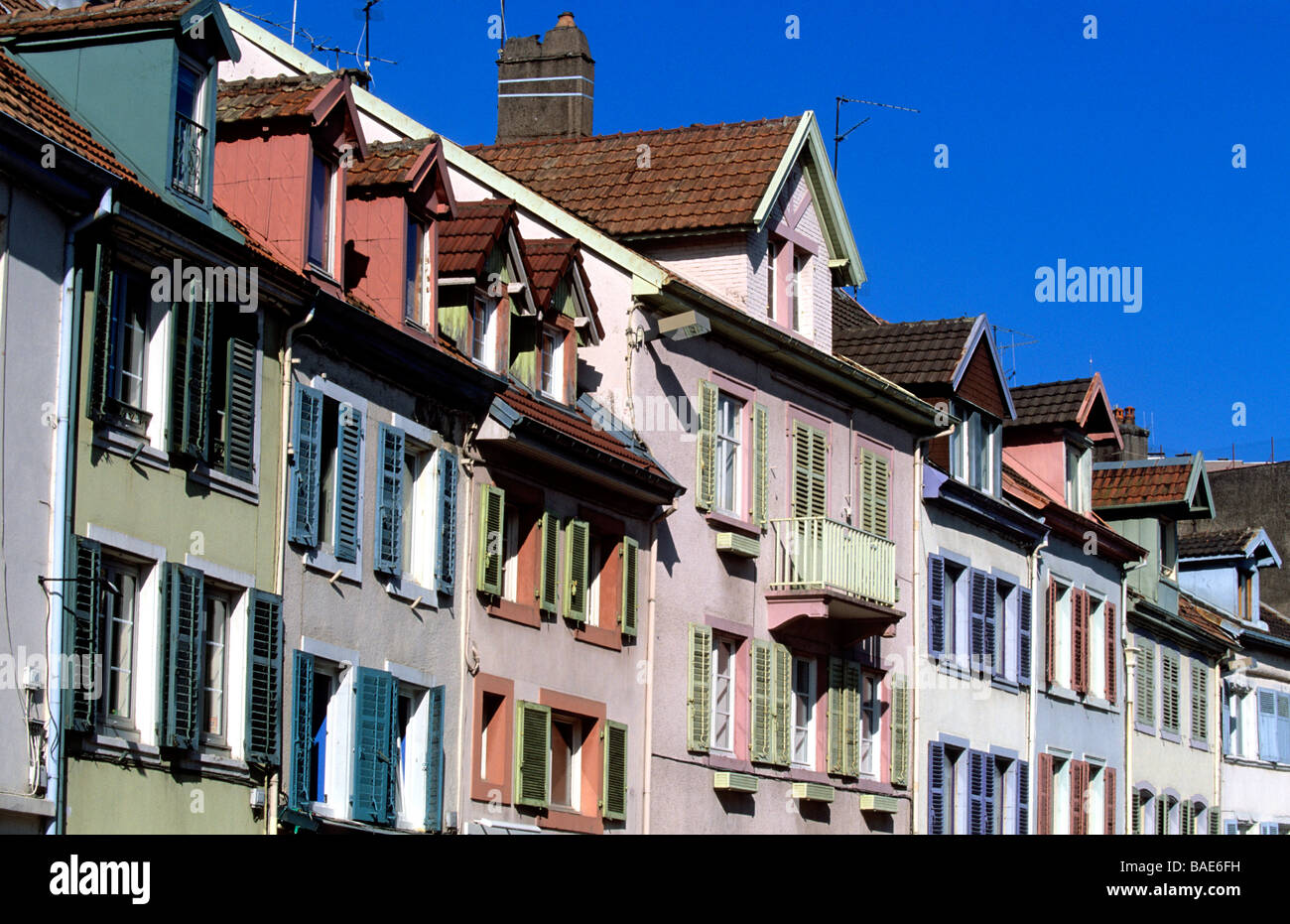 France, Doubs, Montbeliard, Rue Clemenceau colourful facades Stock Photo