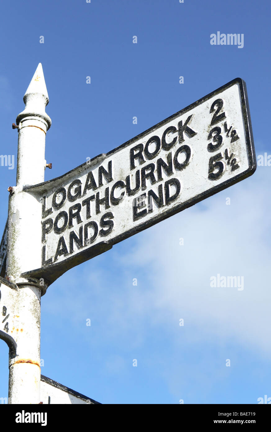 Cornwall old road sign pointing to Lands End Portchurno and Logan Rock Stock Photo
