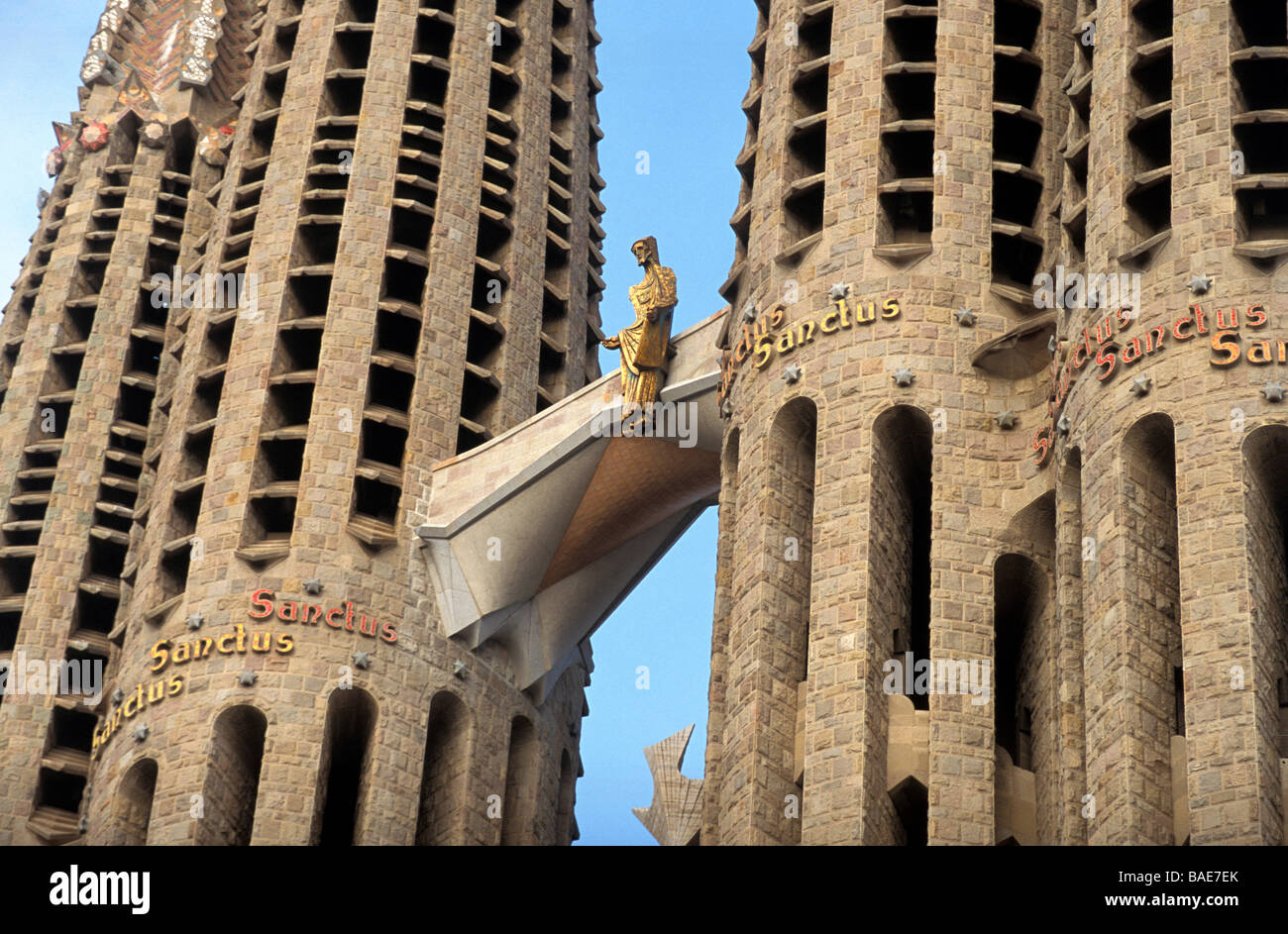 Risen Christ as a gold figure, Passion facade of the Sagrada Familia, Barcelona, Catalonia, Spain, Europe Stock Photo