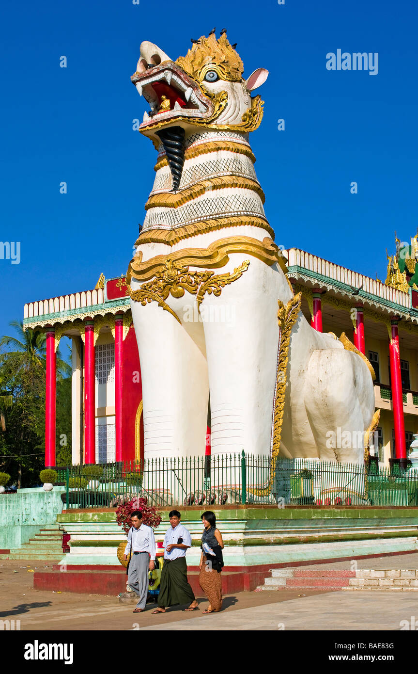 Myanmar (Burma), Yangon Division, lion guarding the entrance to the pagoda of Bago Stock Photo