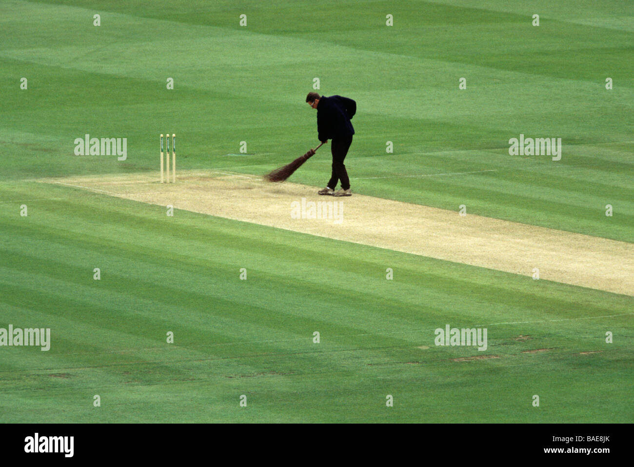 A groundsman sweeping the wicket at the Oval cricket ground Stock Photo
