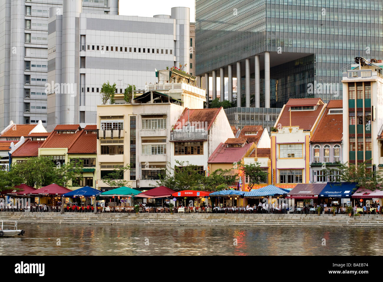 Singapore, restaurants along Boat Quay seen from across the Singapore
