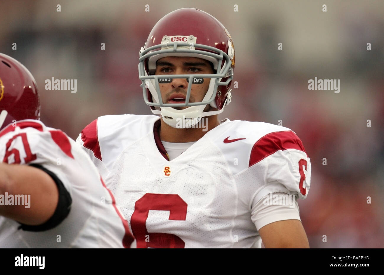 Mark Sanchez, Southern Cal quarterback, calls out the signals at the line of scrimmage during a Pac-10 conference football game. Stock Photo