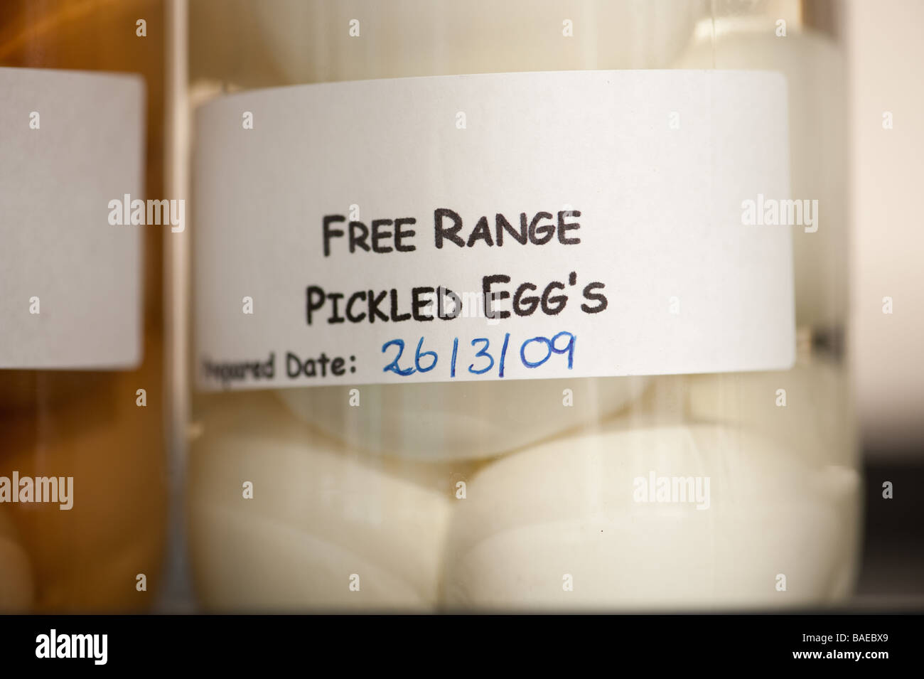 A jar of Organic free range pickled eggs on sale at Aberystwyth Farmers market Wales UK Stock Photo