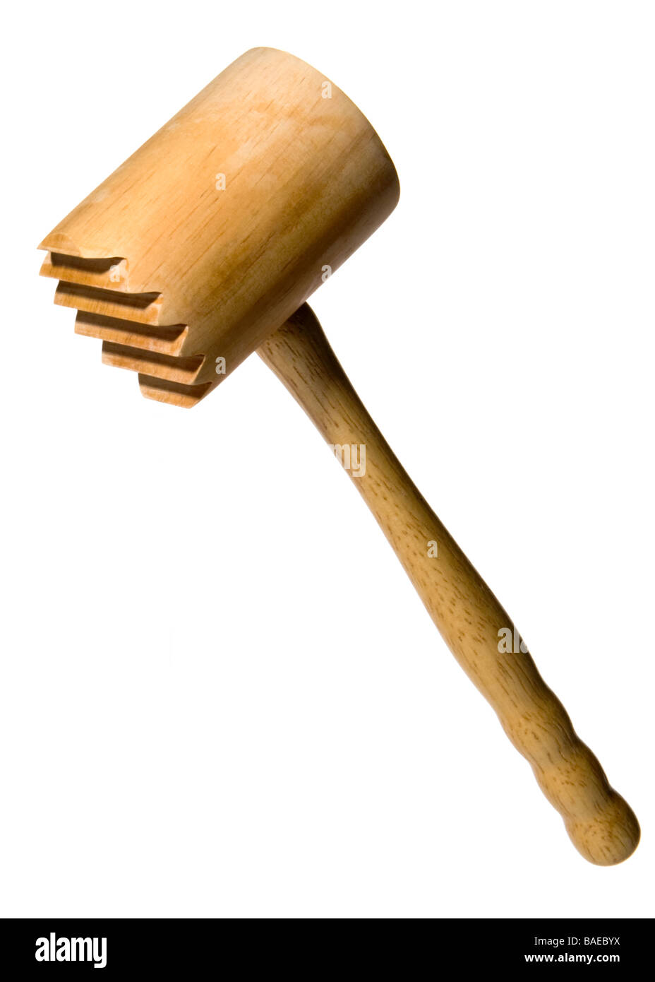 Wooden meat tenderiser mallet isolated on white, mallet head facing left vertical composition Stock Photo