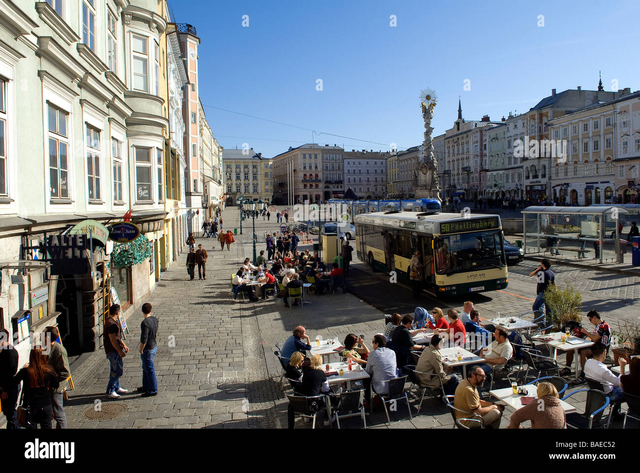 Austria, Linz, cafe terrace in the Hauptplatz, main square of the city Stock Photo