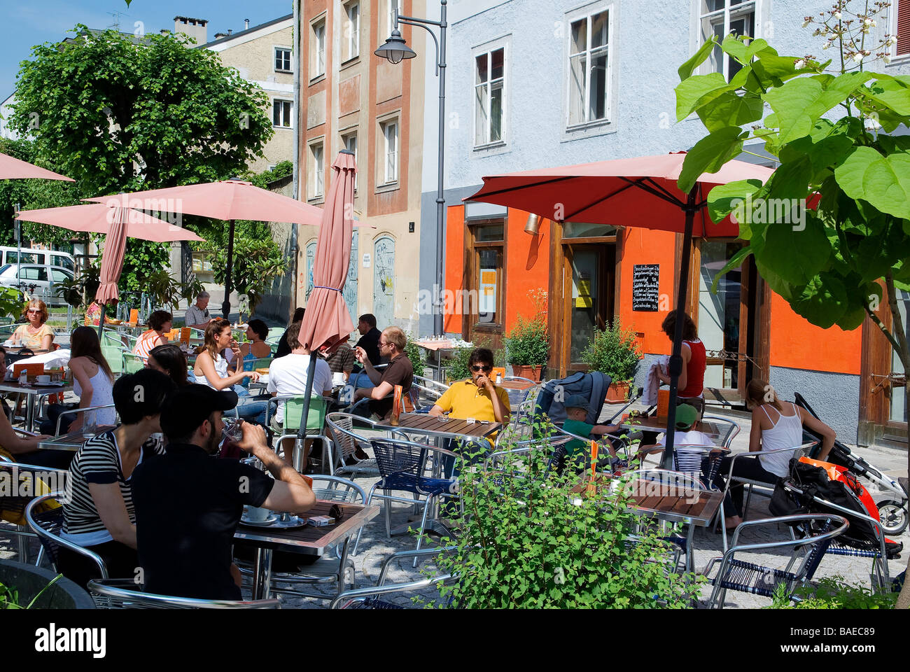 Austria, Linz, terrace of Meier Cafe, Pfarrplatz 7 Stock Photo