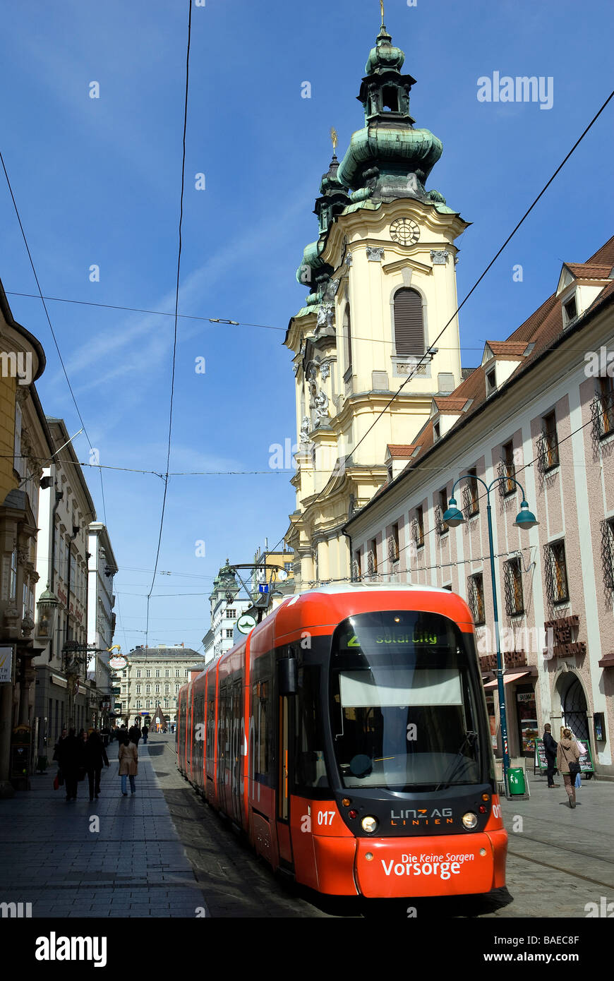 Austria, Linz, streetcar along the Landstrasse and the Ursuline baroque ...