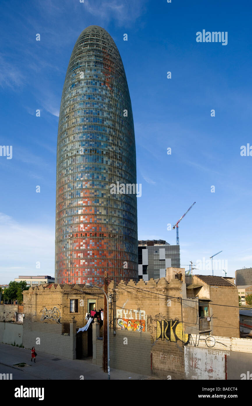 Spain, Catalonia, Barcelona, Agbar Tower by architect Jean Nouvel and a