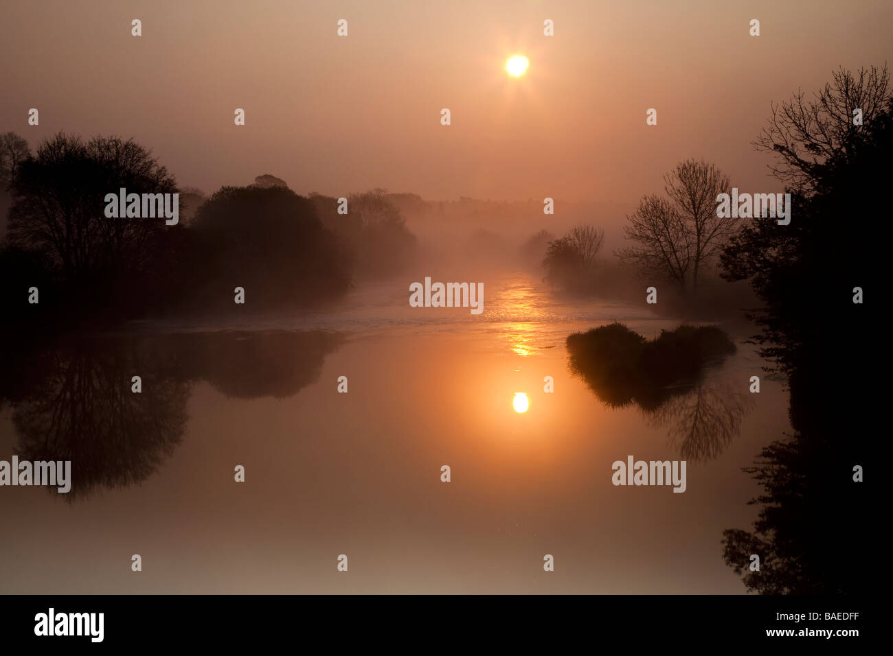 Misty Morning on the River Stour Near Wimborne Dorset UK Stock Photo