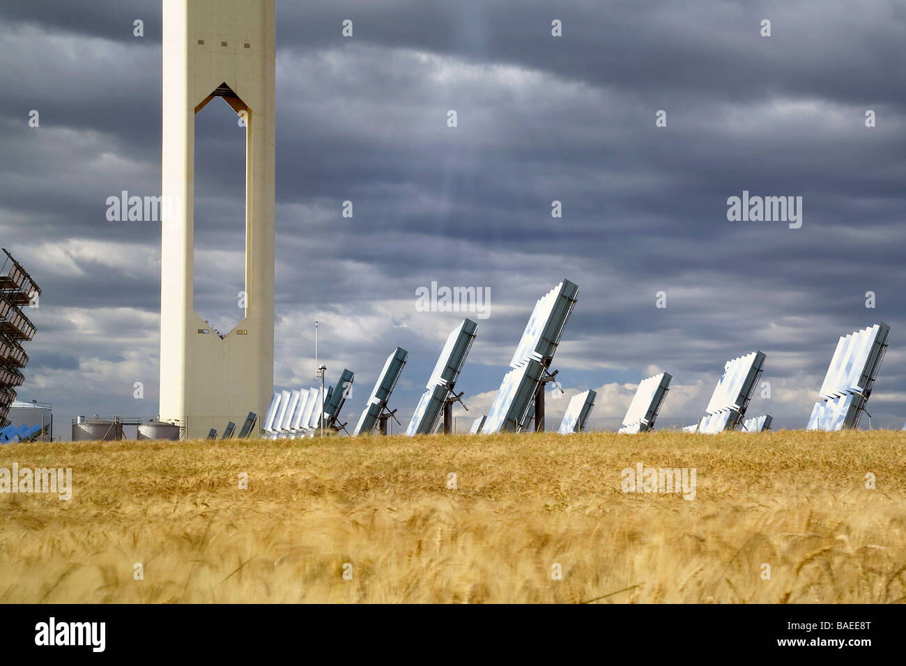 Solar tower in cornfield, Seville, Spain Stock Photo
