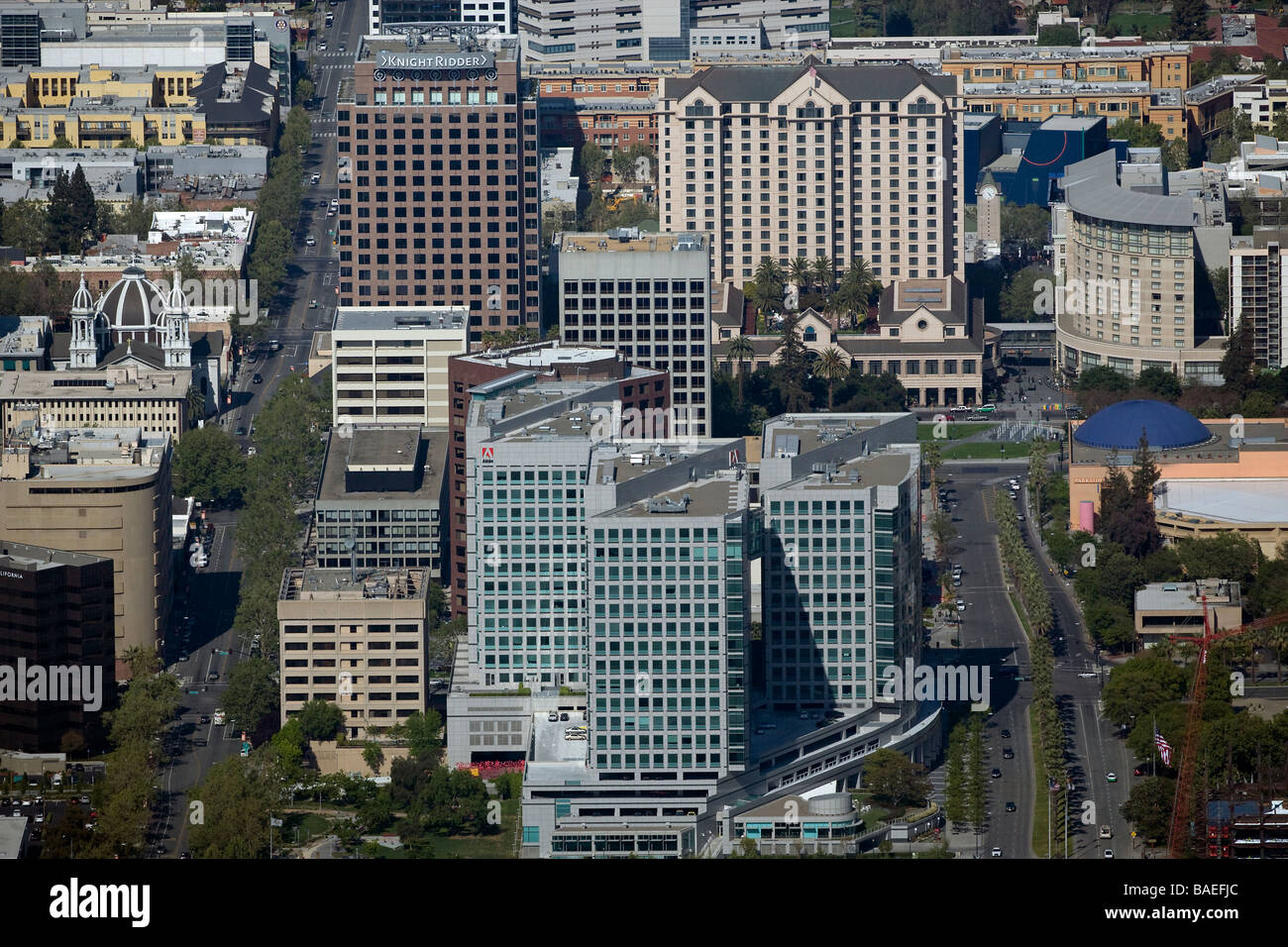aerial view above Adobe Systems corporate headquarters Knight Ridder Silicon Valley San Jose California Stock Photo