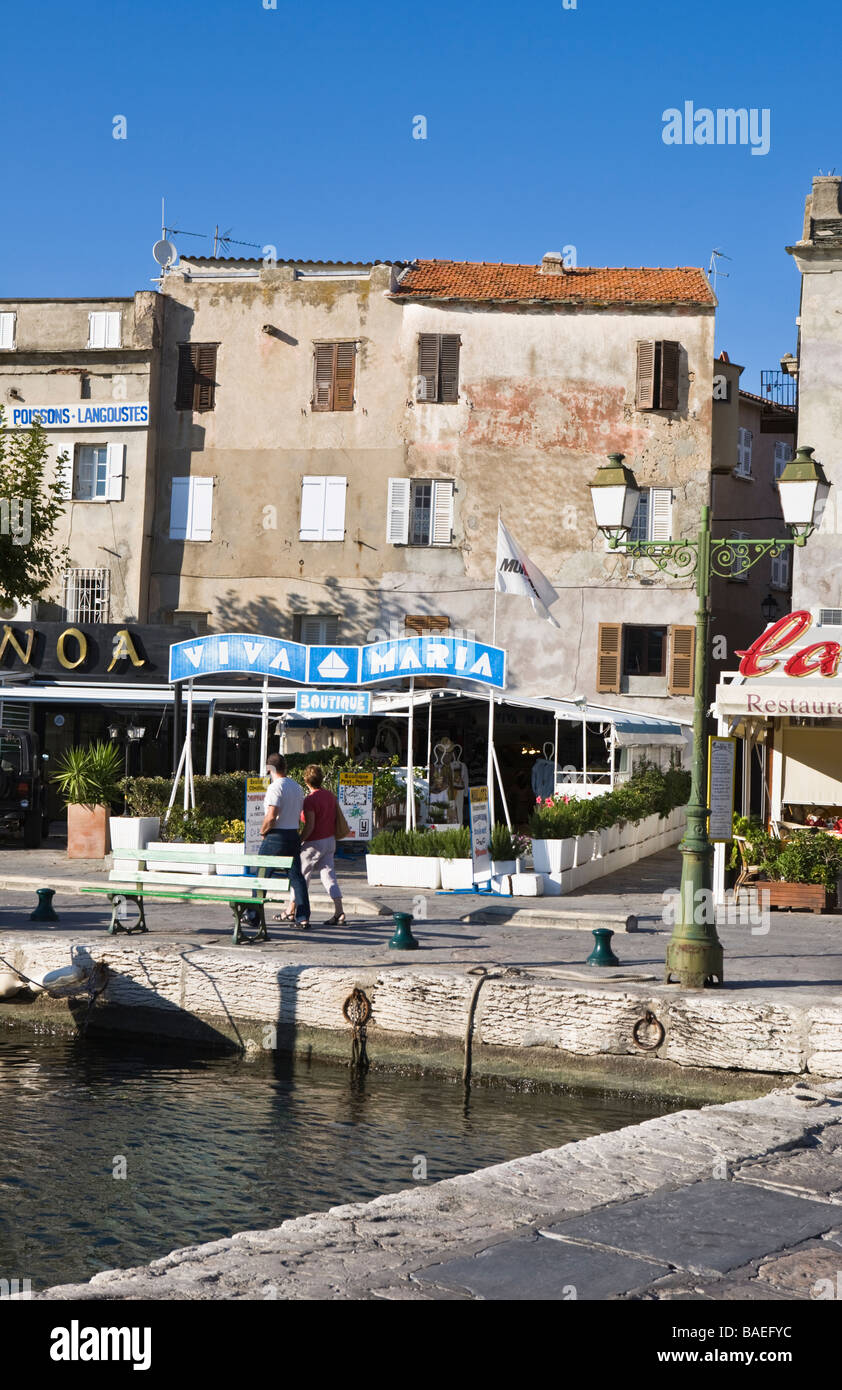Waterfront restaurants St Florent Corsica France Stock Photo