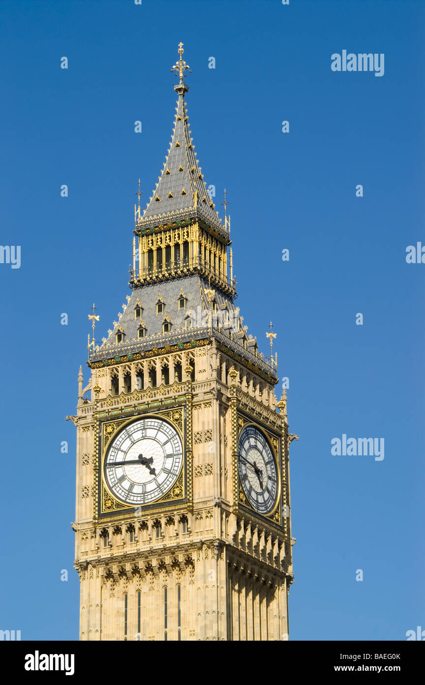 Detail of clock face of Big Ben London against blue sky Stock Photo