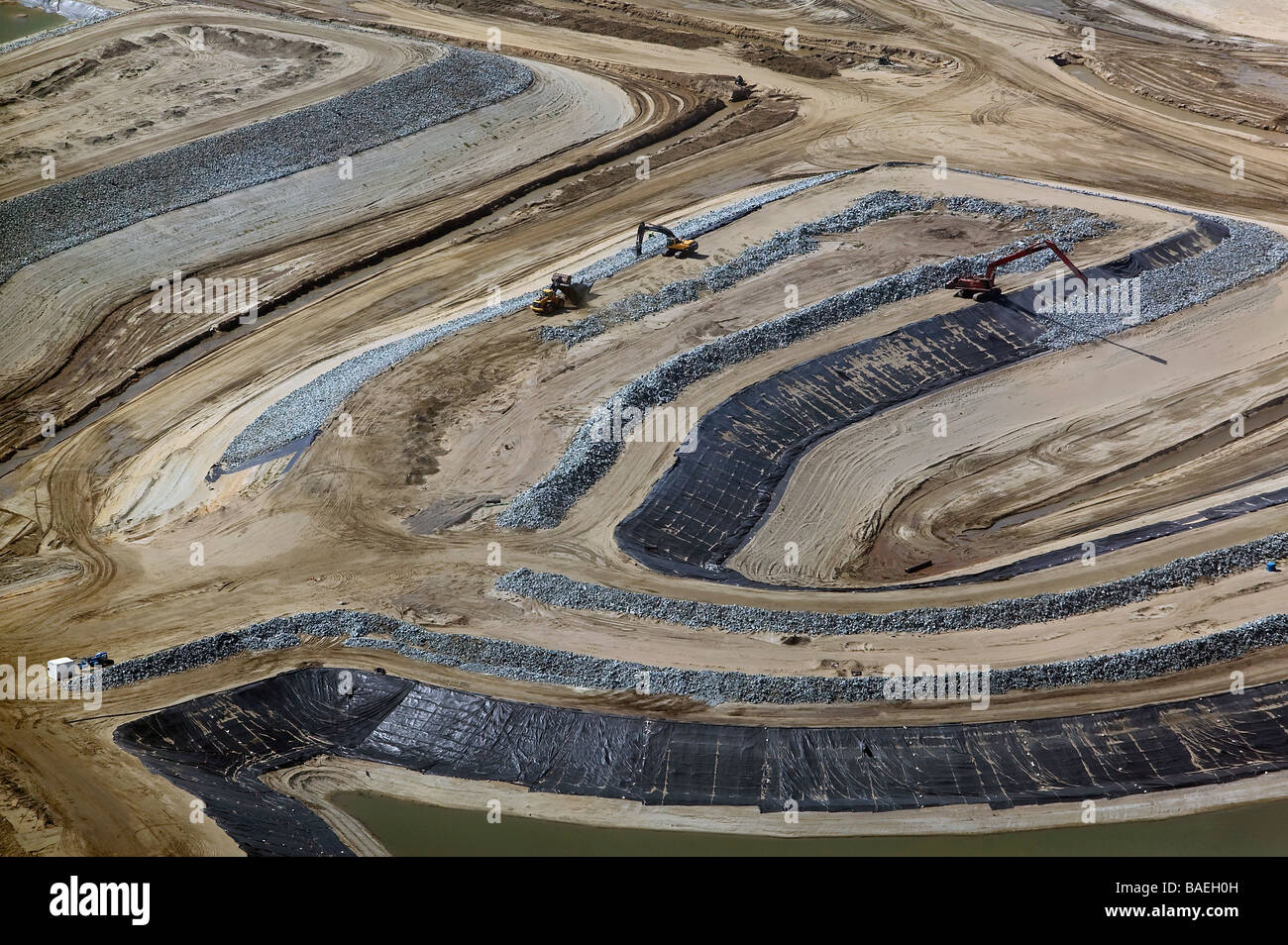 aerial view above levee construction Sacramento San Joaquin river delta Stock Photo