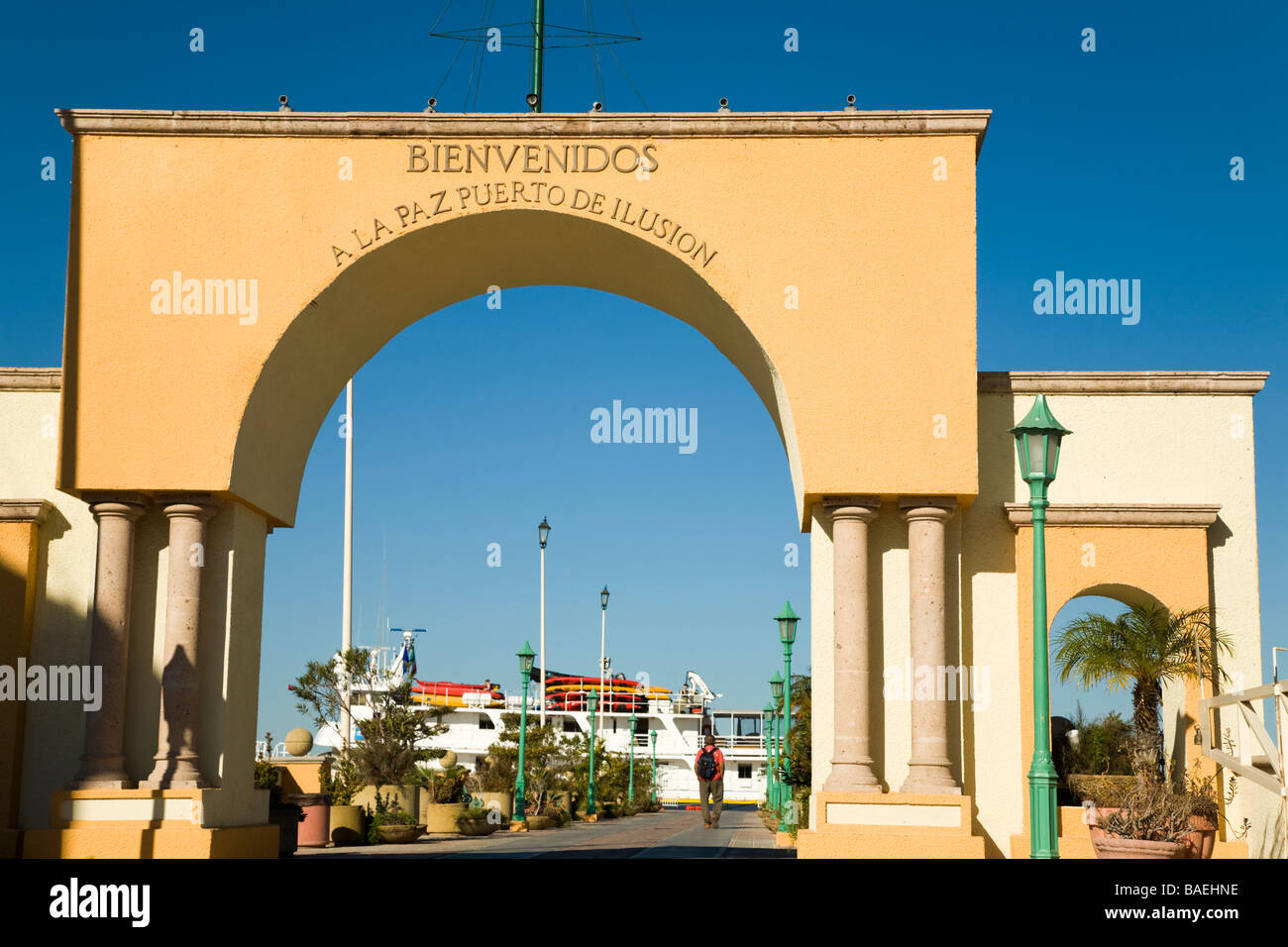 MEXICO La Paz Welcome arch at tourist dock along malecon La Paz Puerto de Ilusion Stock Photo