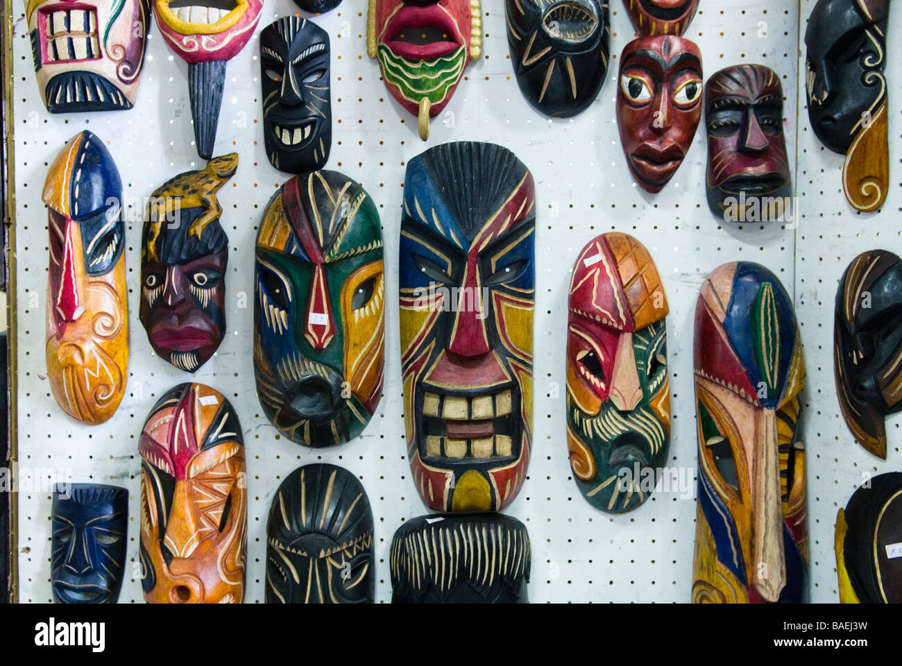 Souvenir Brazilian Masks on display in a market stall, Fortaleza