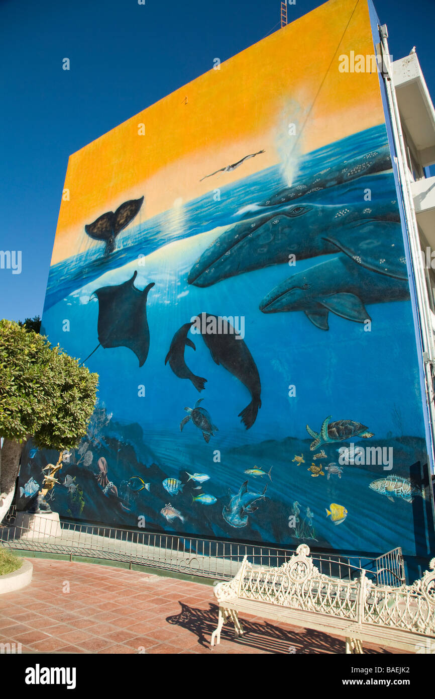 MEXICO La Paz Mural painting by Wyland of Sea of Cortez wildlife on wall of downtown building Stock Photo