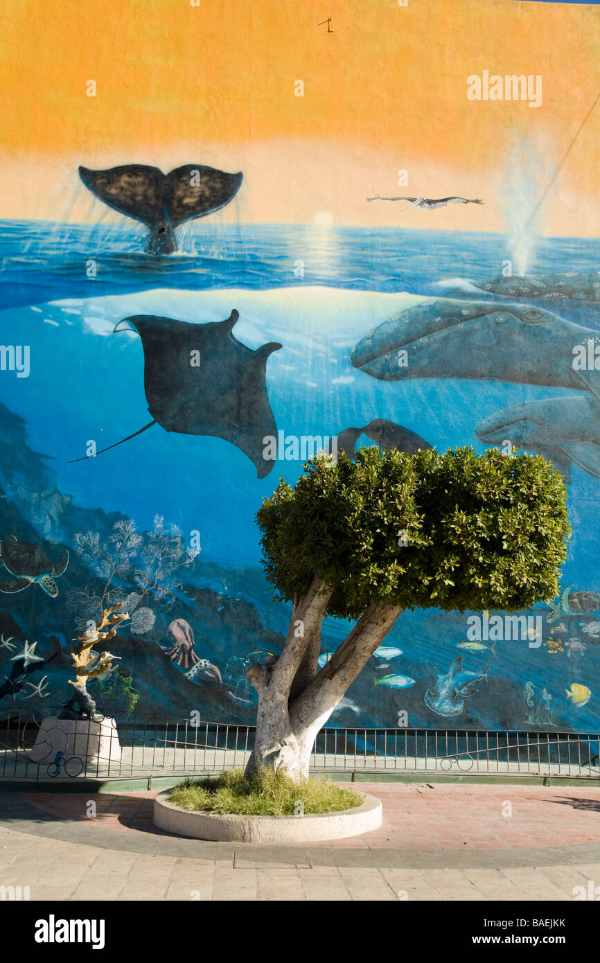 MEXICO La Paz Mural painting by Wyland of Sea of Cortez wildlife on wall of downtown building Stock Photo