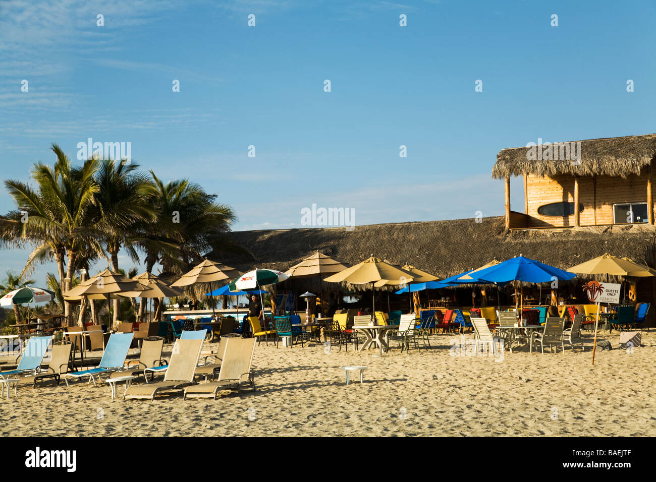 MEXICO Todos Santos Beach umbrellas and chairs outside restaurant at Playa San Pedrito on Pacific Ocean popular beach for surf Stock Photo