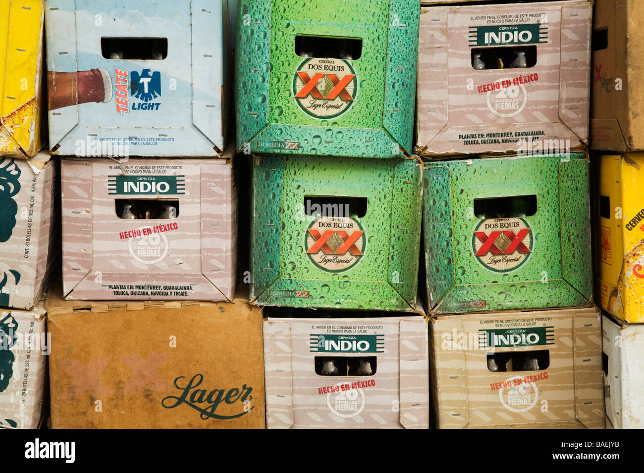 MEXICO La Paz Stack of boxes of Mexican beer different brands including Tecate Indio Dos Equis Stock Photo