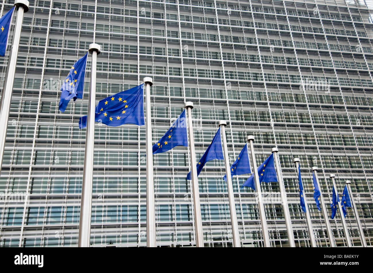 EU flags in front of Berlaymont, Brussels Stock Photo