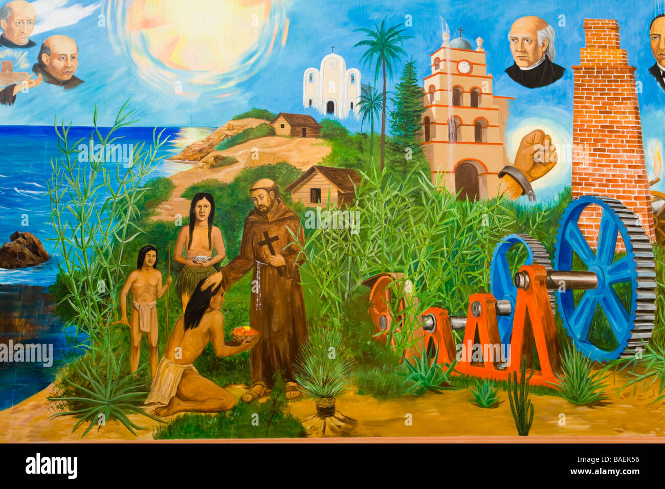 MEXICO Todos Santos Painted mural in plaza showing history of small Mexican town Stock Photo