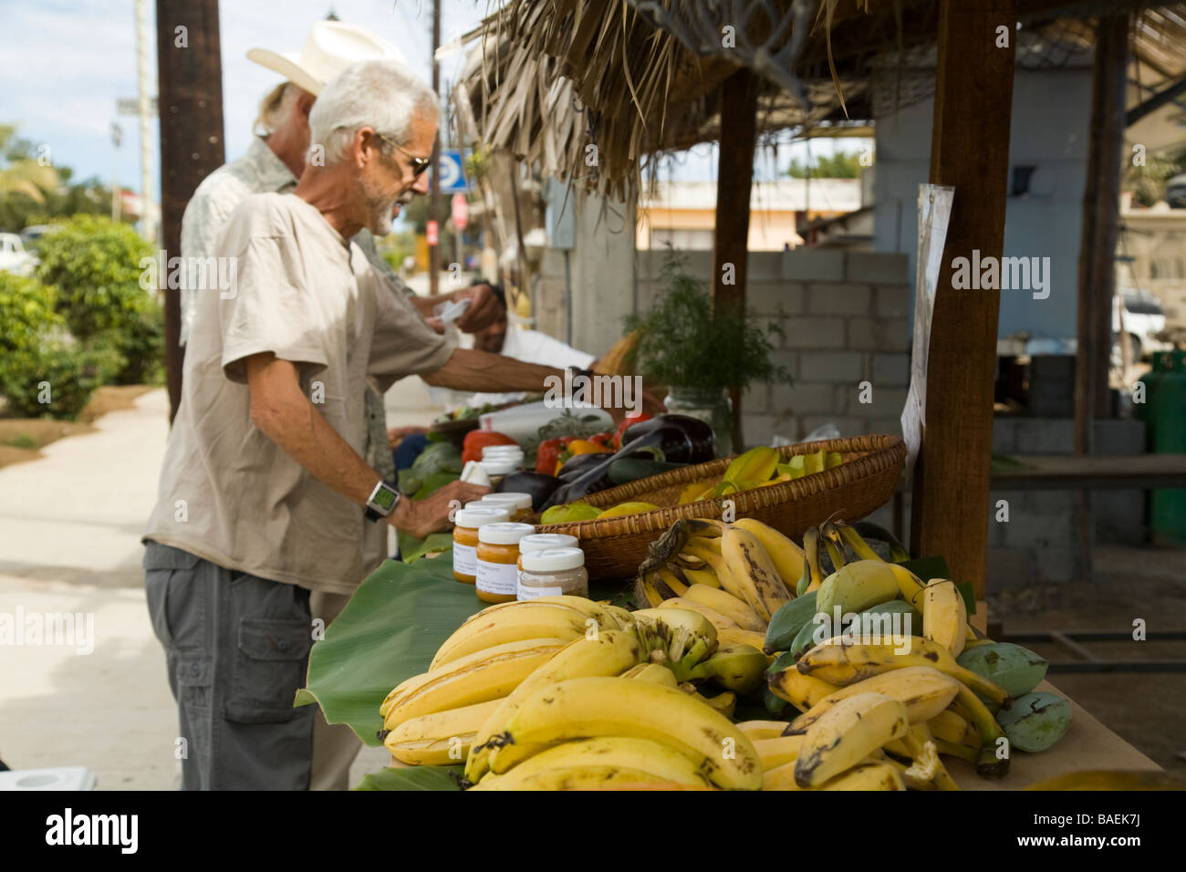 MEXICO Todos Santos Male customer shopping at roadside stand selling organic fruits and vegetables in small Mexican town bananas Stock Photo