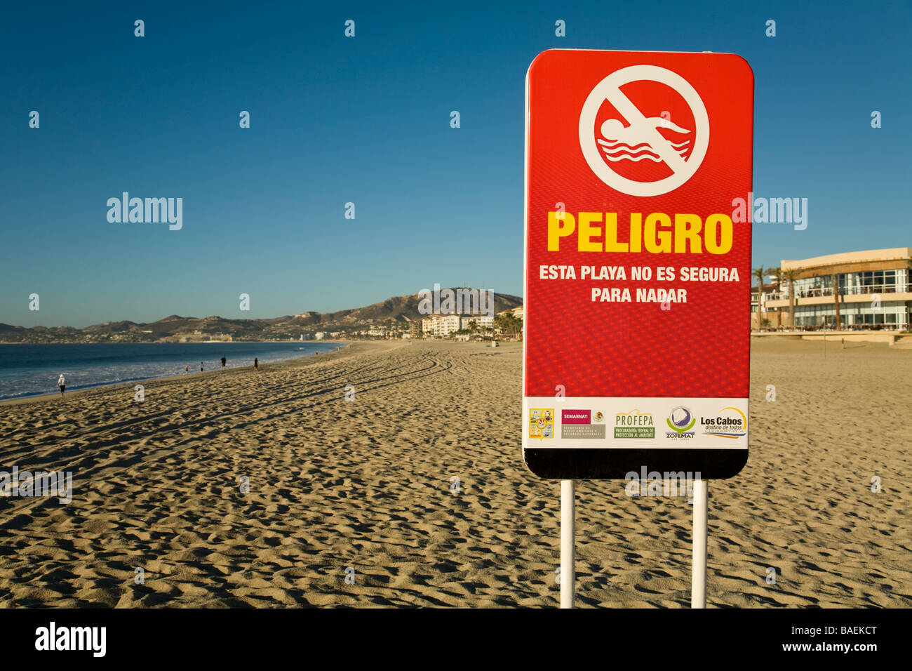 MEXICO San Jose del Cabo Warning sign on beach in Spanish dangerous zone for swimming Stock Photo