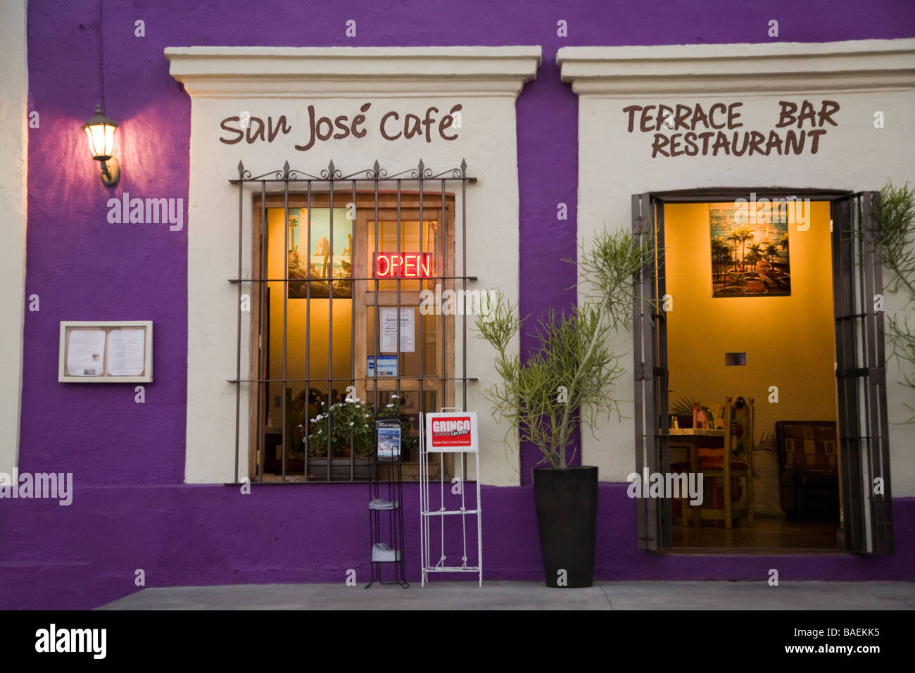 MEXICO San Jose del Cabo Entrance to San Jose cafe and restaurant in Mexican town purple building Stock Photo
