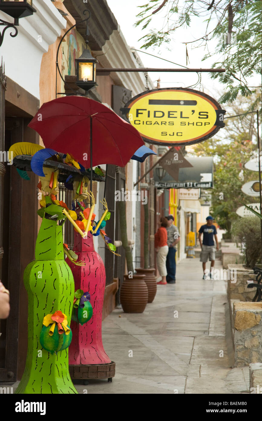 MEXICO San Jose del Cabo Stores surrounding plaza in downtown shopping district with merchandise displayed Stock Photo