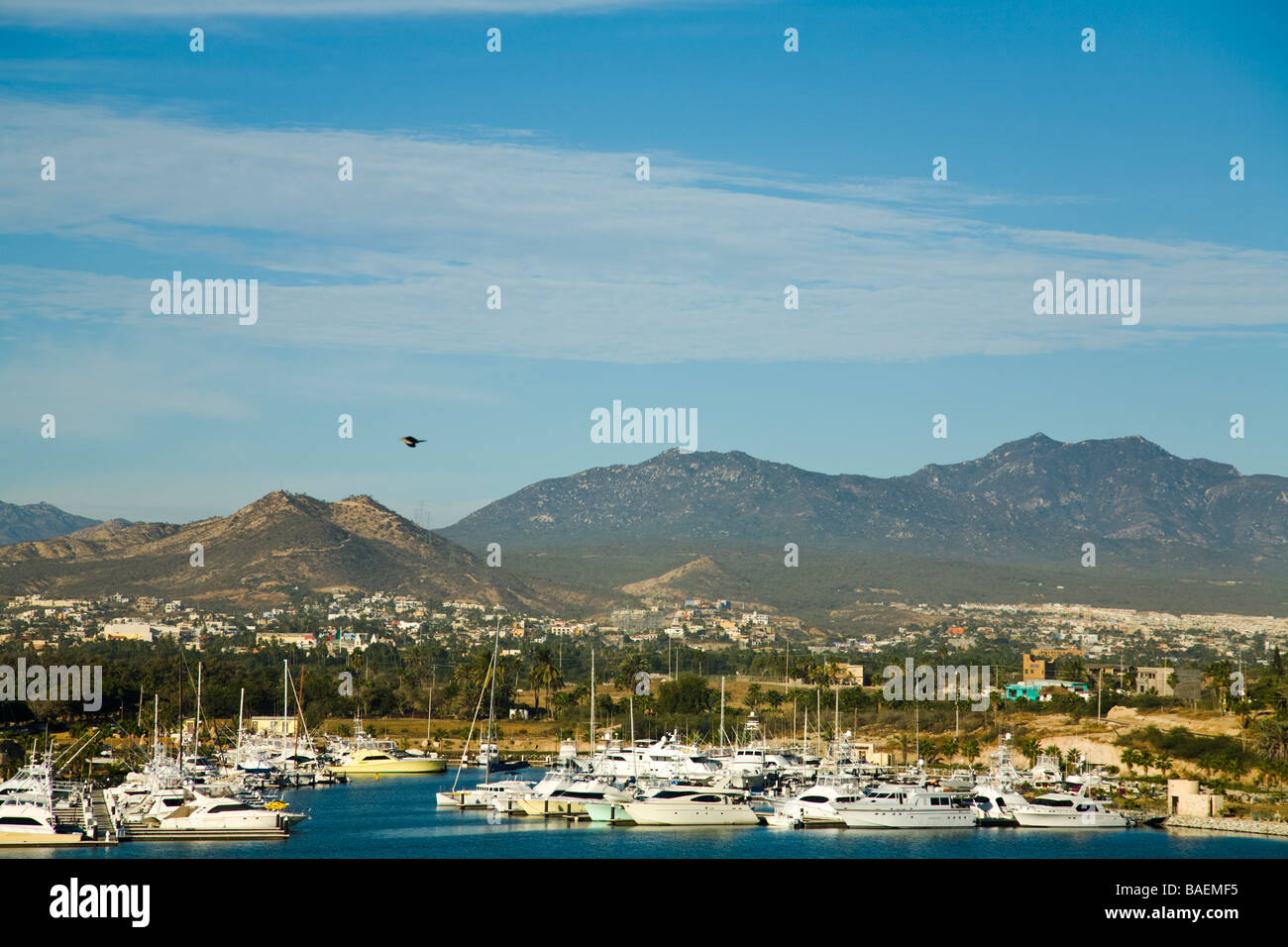 MEXICO La Playita View of harbor and marina from overlooking hillside Sierra de la Laguna mountains Stock Photo