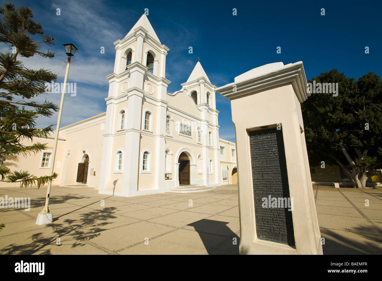 MEXICO San Jose del Cabo Twin towers of Iglesia San Jose church built in 1940 at site of original mission plaque Stock Photo