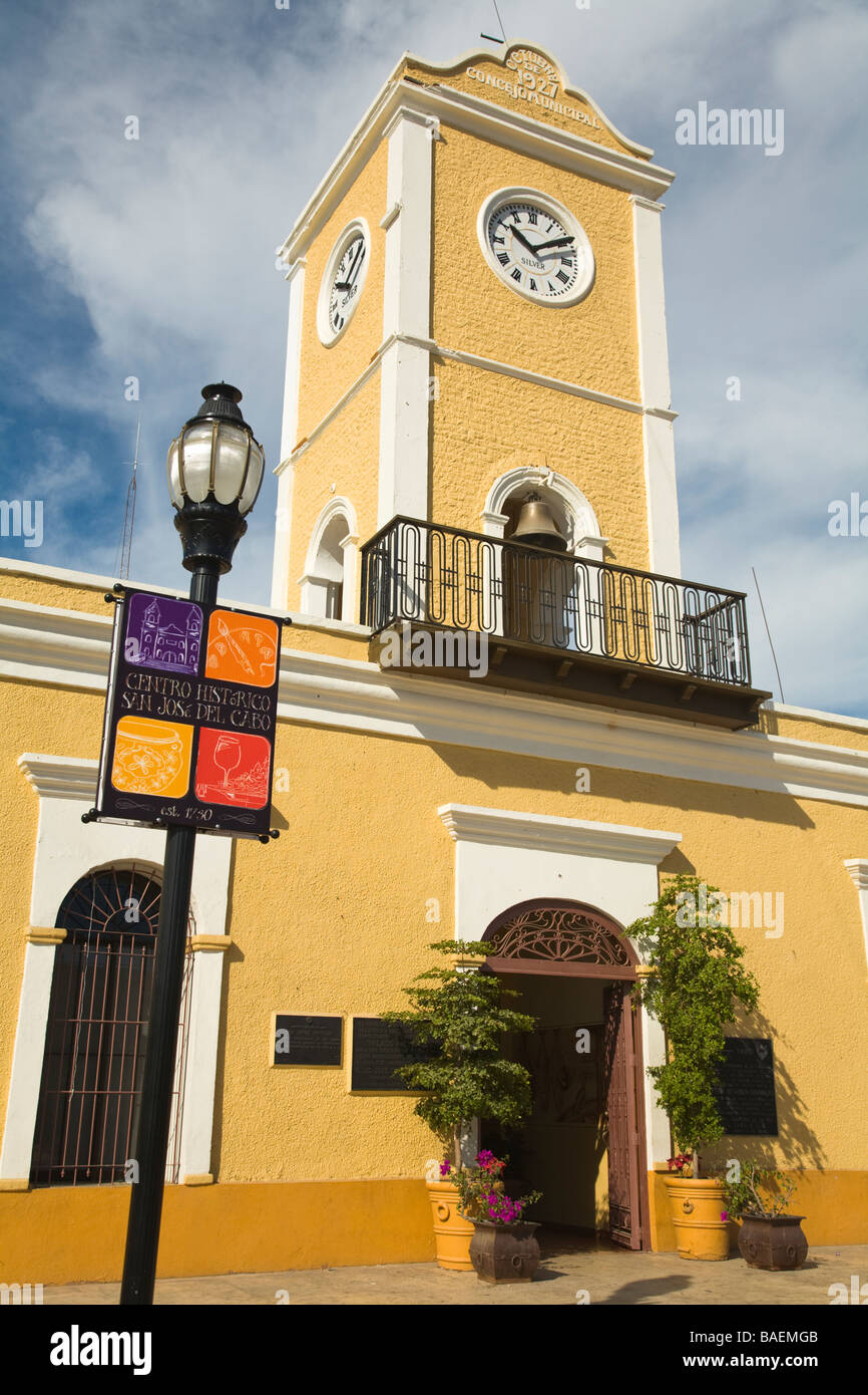 MEXICO San Jose del Cabo Clock tower entrance and exterior of city hall local government building banner on lamp post Stock Photo