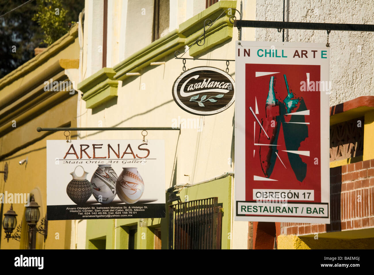 MEXICO San Jose del Cabo Signs for art galleries in historic downtown district Stock Photo